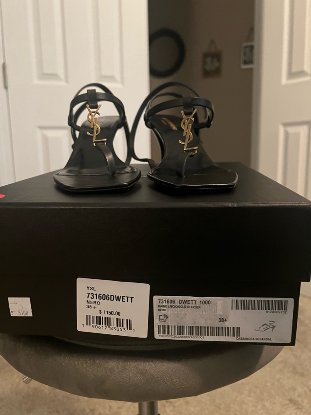 Yves Saint Laurent Black Leather Cassandre Logo Sandals NEW w box and dust bags